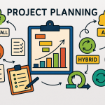 Hybrid project planning concept showing a structured timeline with milestones (Waterfall) alongside iterative cycles (Agile), symbolising practical project management for professional services