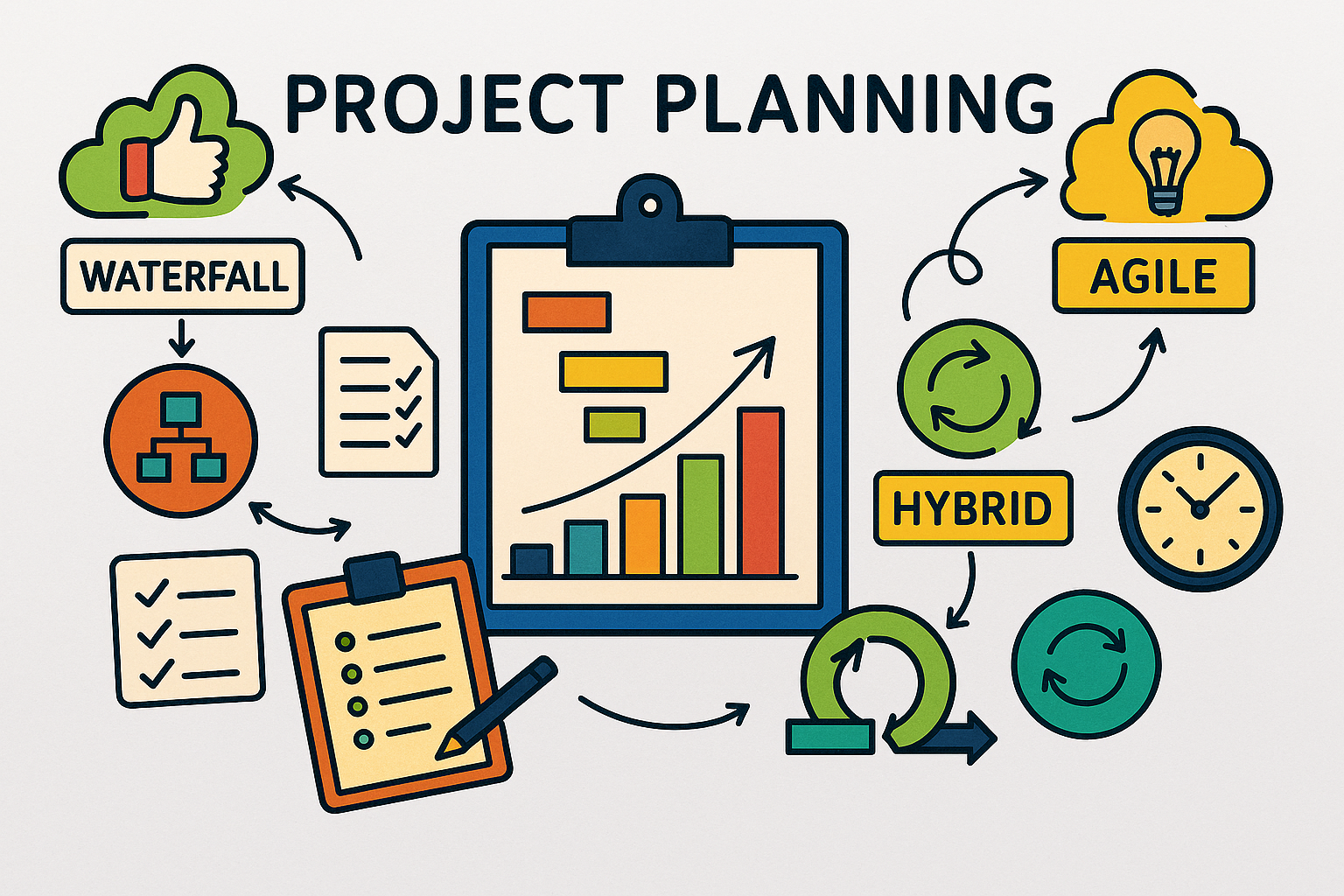 Hybrid project planning concept showing a structured timeline with milestones (Waterfall) alongside iterative cycles (Agile), symbolising practical project management for professional services